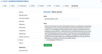 Add SSH secret key as new secret `ACTIONS_DEPLOY_KEY` to source repository.